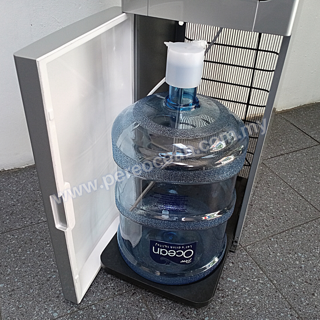 Picture of Close Up View of Bottom Loading of Refills for Pere Ocean Black Diamond Hot and Cold Bottom Load Bottled Water Dispenser